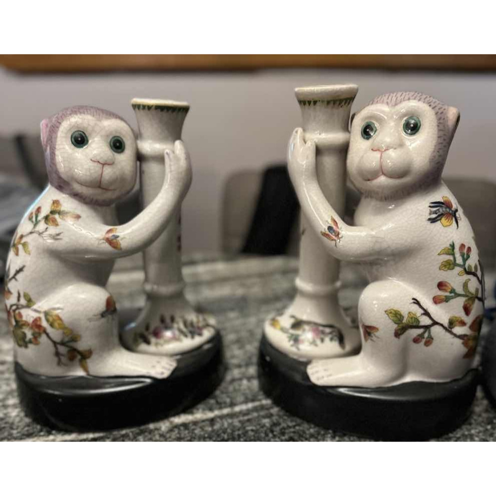 Copied - Wong Lee WL 1896 Porcelain Monkey Candle Holders Set of 2 Chinoiserie
